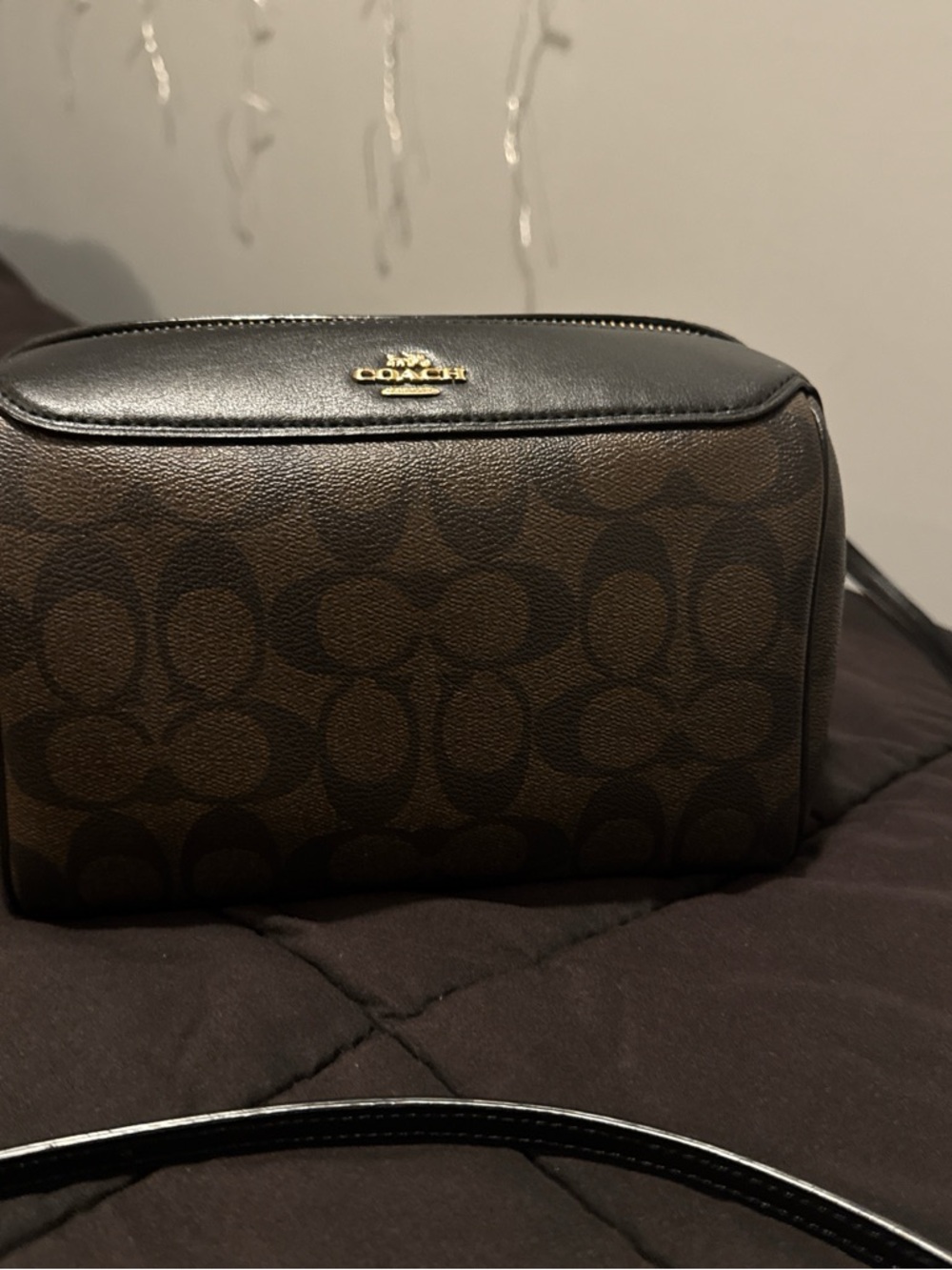 COACH Brown and Black Signature Toiletry Bag with Gold Logo